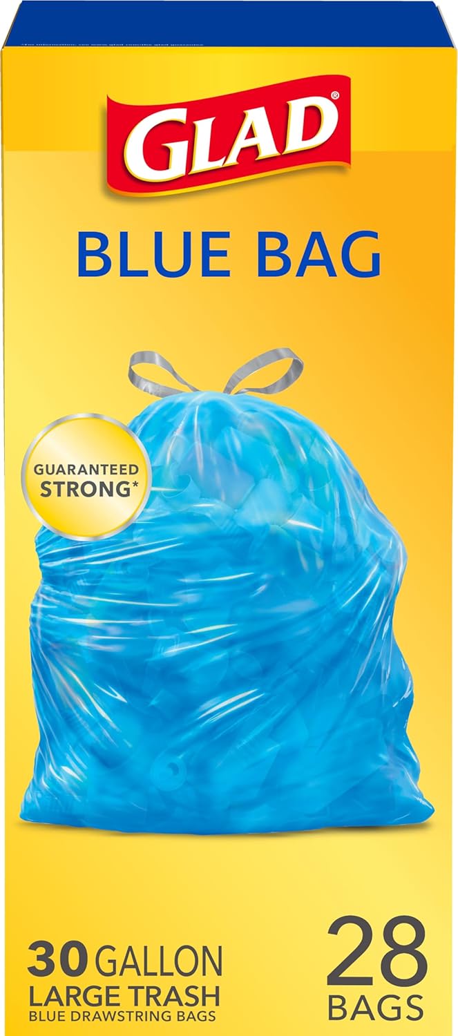 Glad 30 Gallon Garbage Bags, Large Drawstring Trash Bags, Blue, 28 Count (Pack of 1)