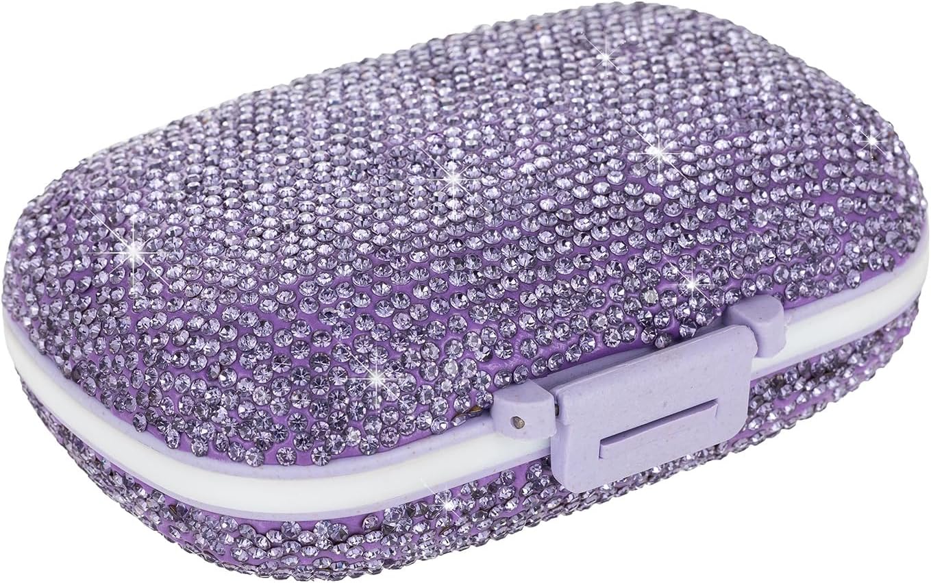 Bling Travel Pill Organizer Cute Pill Box with Labels Rhinestone Pill Case for Purse Portable Daily Pill Container 7 Day Medicine Holder for Vitamin Supplement(Purple)