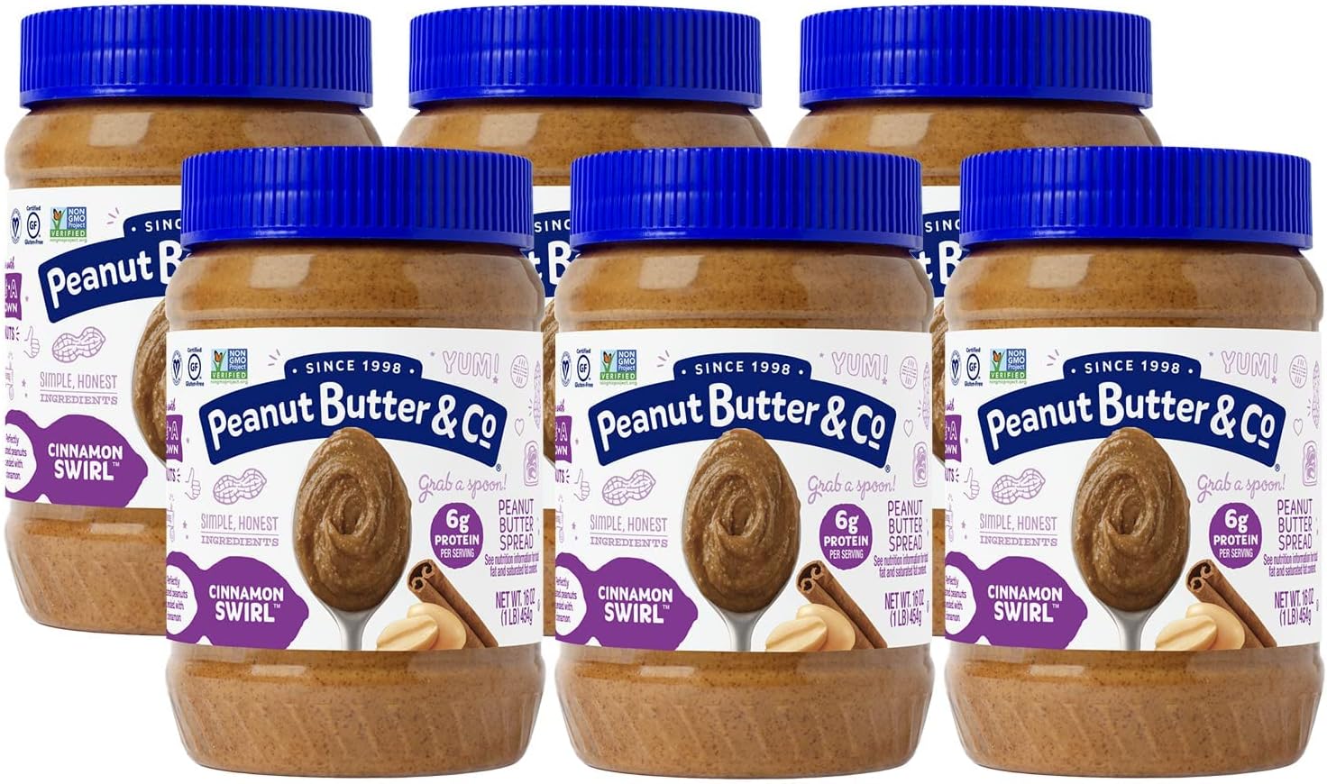 Peanut Butter & Co. Cinnamon Swirl Peanut Butter, 6g Protein, Non-GMO Project Verified, Gluten Free, Vegan, 16 Ounce (Pack of 6)