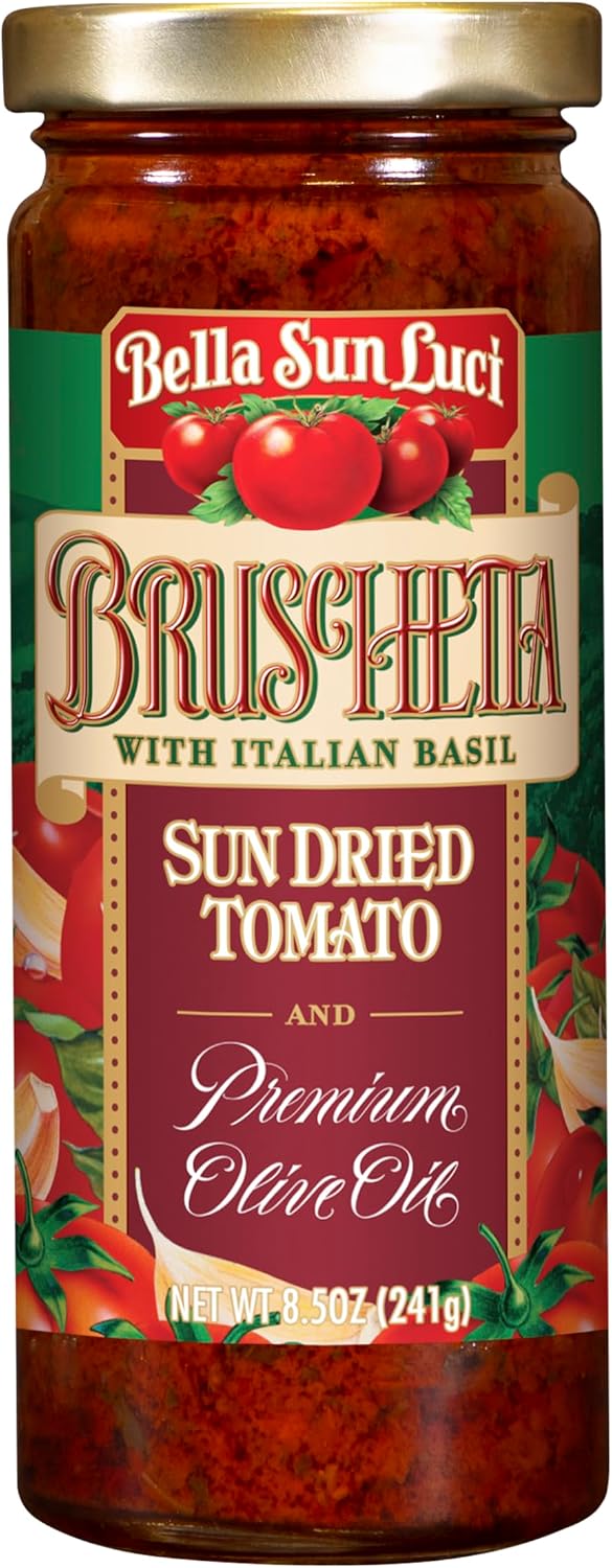 Bella Sun Luci Bruschetta with Italian Basil & Sun-Dried Tomatoes, Extra Virgin Olive Oil Spread for Bread, Pasta & Chicken, 8.5 oz