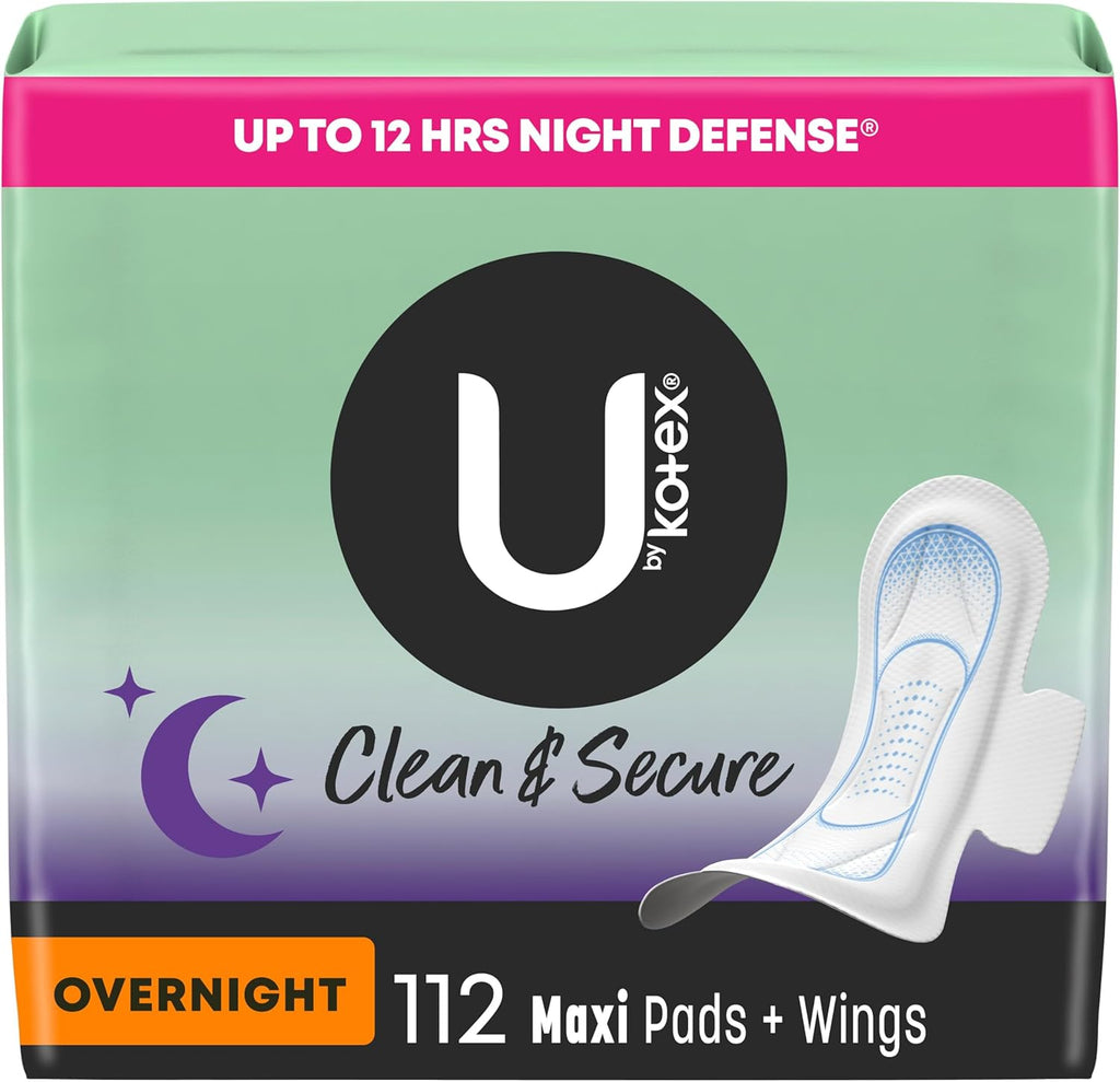 U by Kotex Clean & Secure Overnight Maxi Pads with Wings, 112 Count (4 Packs of 28) (Packaging May Vary)