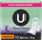 U by Kotex Clean & Secure Overnight Maxi Pads with Wings, 112 Count (4 Packs of 28) (Packaging May Vary)