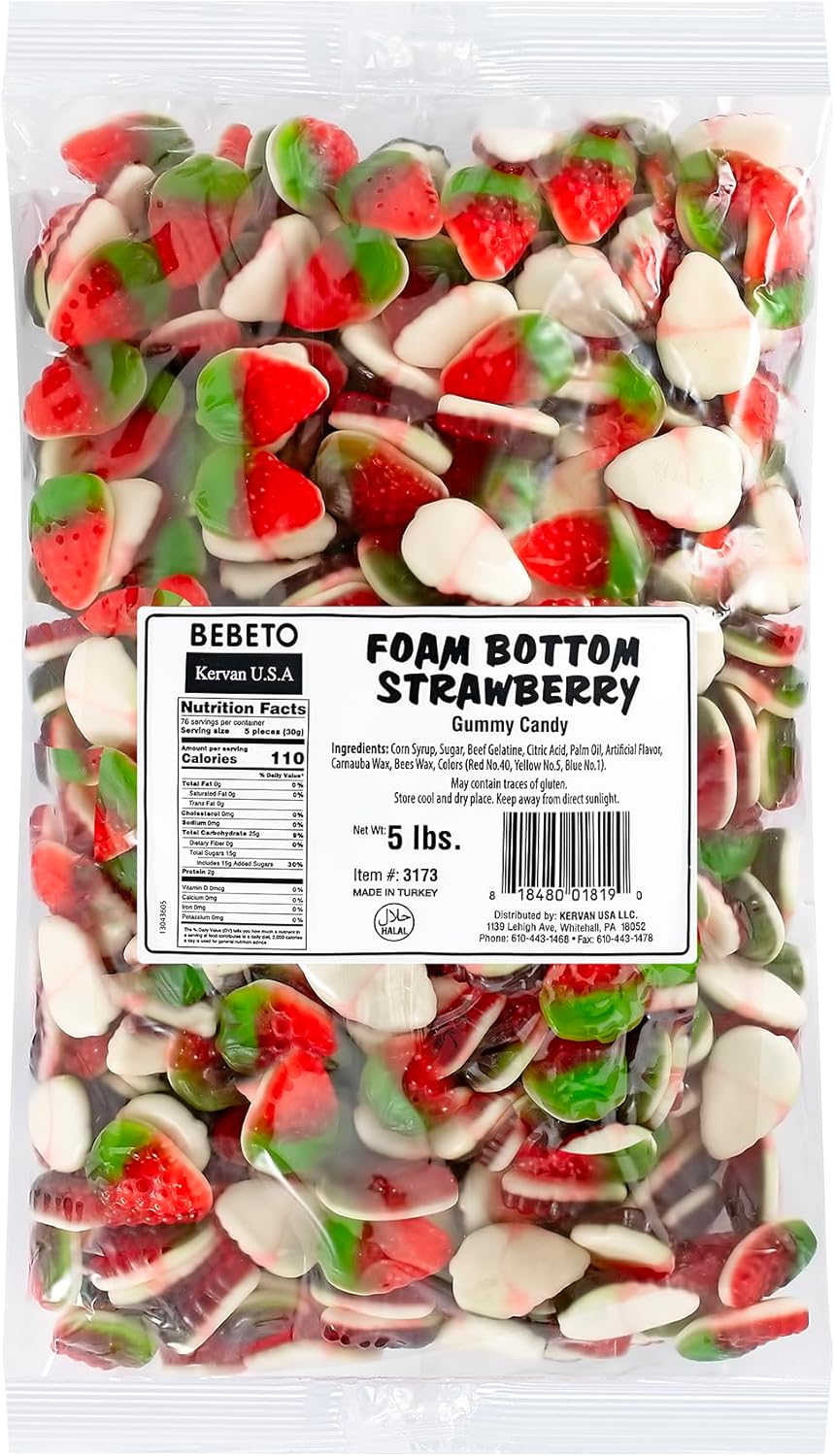 Kervan Candy Bebeto Foam Bottom Strawberry Gummies - Fruity, Soft & Sweet Gummy Candy Bulk for Kids, Gift Snacks and Parties - Strawberry Gummies Big Party Size Bag (5 lbs)