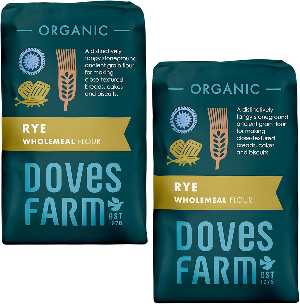 Doves Farm Organic Stoneground Wholemeal Rye Flour 2.2 lb (Pack of 2) - High Fiber Ancient Whole Grain Dark Rye Flour for British Baking Breads, Cakes & Biscuits | Kosher & Vegan | Imported from UK