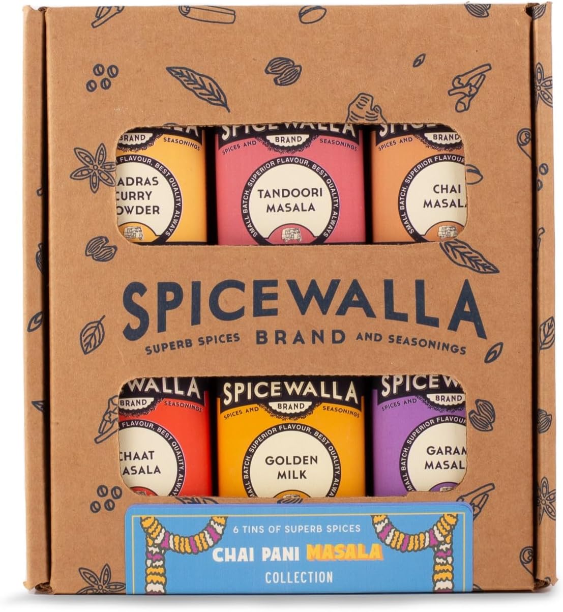 Spicewalla Masala Indian Spice 6 Pack | Chai Masala, Tandoori Masala, Garam Masala, Chaat Masala, Chai Masala, Madras Curry Powder | Non-GMO, Indian Spices Gift Set