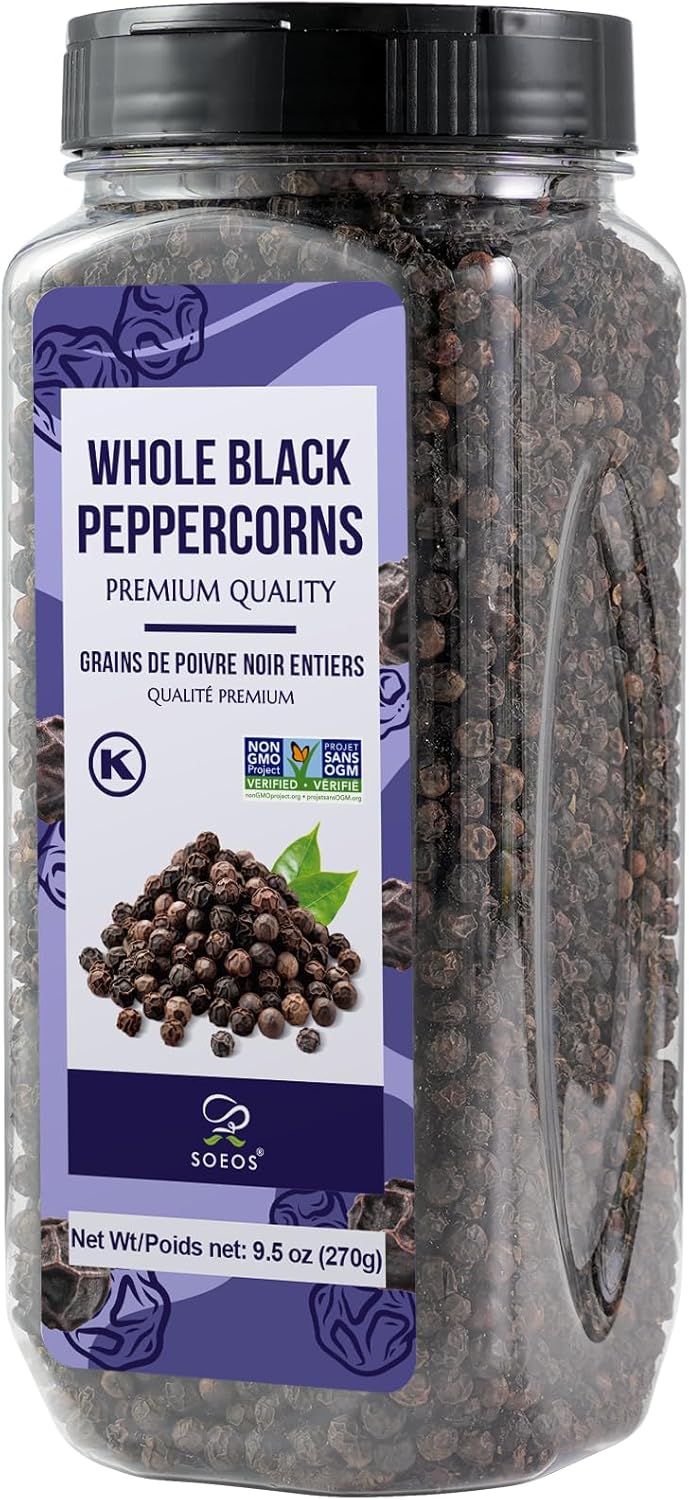 Soeos Whole Black Pepper, 9.5 Ounce (270g), Non-GMO, Kosher Certified, Whole Peppercorn Perfect for Grinder, Black Peppercorns Ideal for Red Meat, Chicken, Fish