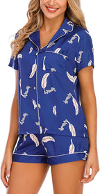 Rubehoow Women's Silk Satin Pajamas Set Button Up Short Sleeve Sleep Shirt and Elastic Wasit Shorts Pjs Set