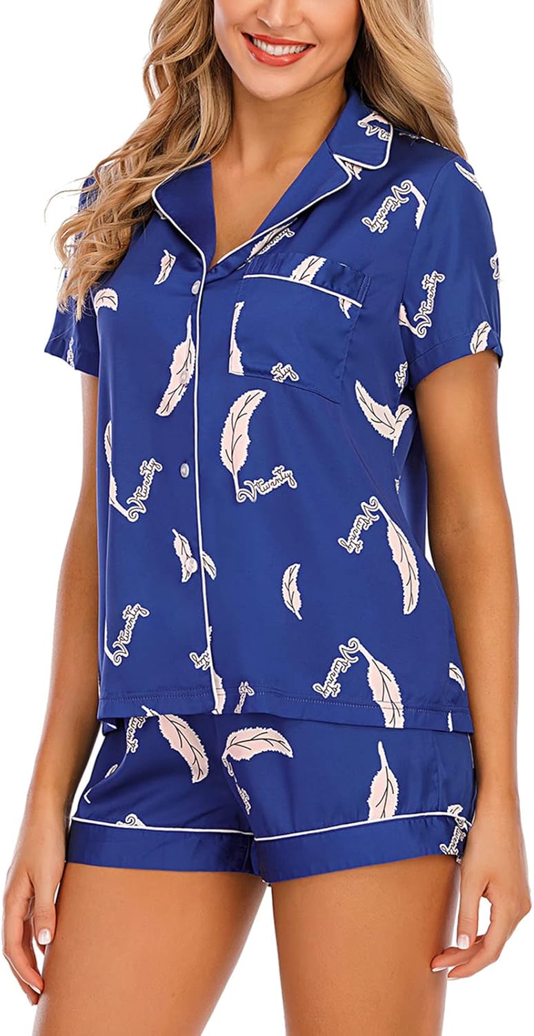 Rubehoow Women's Silk Satin Pajamas Set Button Up Short Sleeve Sleep Shirt and Elastic Wasit Shorts Pjs Set