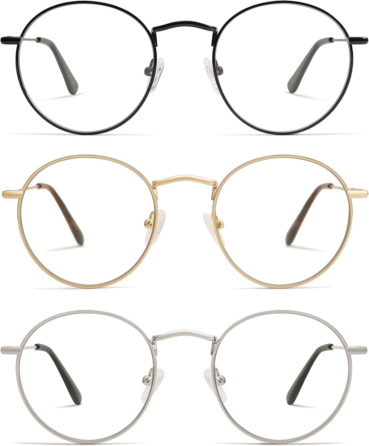 AMOMOMA 3-Pack Retro Round Reading Glasses for Men Women Trendy Blue Light Blocking Computer Readers Metal Frame AM6101