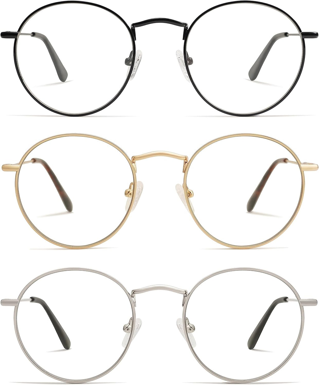 AMOMOMA 3-Pack Retro Round Reading Glasses for Men Women Trendy Blue Light Blocking Computer Readers Metal Frame AM6101