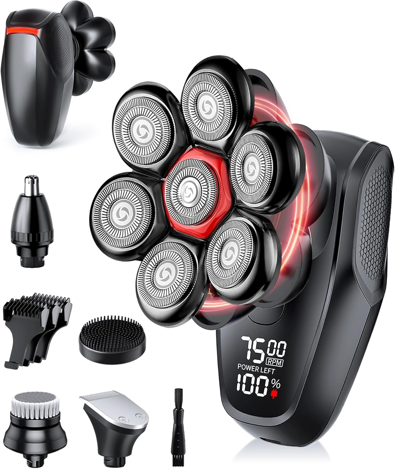 Head shavers for Bald Men 5-in-1 Men's Grooming Kit, 7D Rotary Electric Head Shaver, IPX8 Waterproof Wet/Dry Obsidian Black
