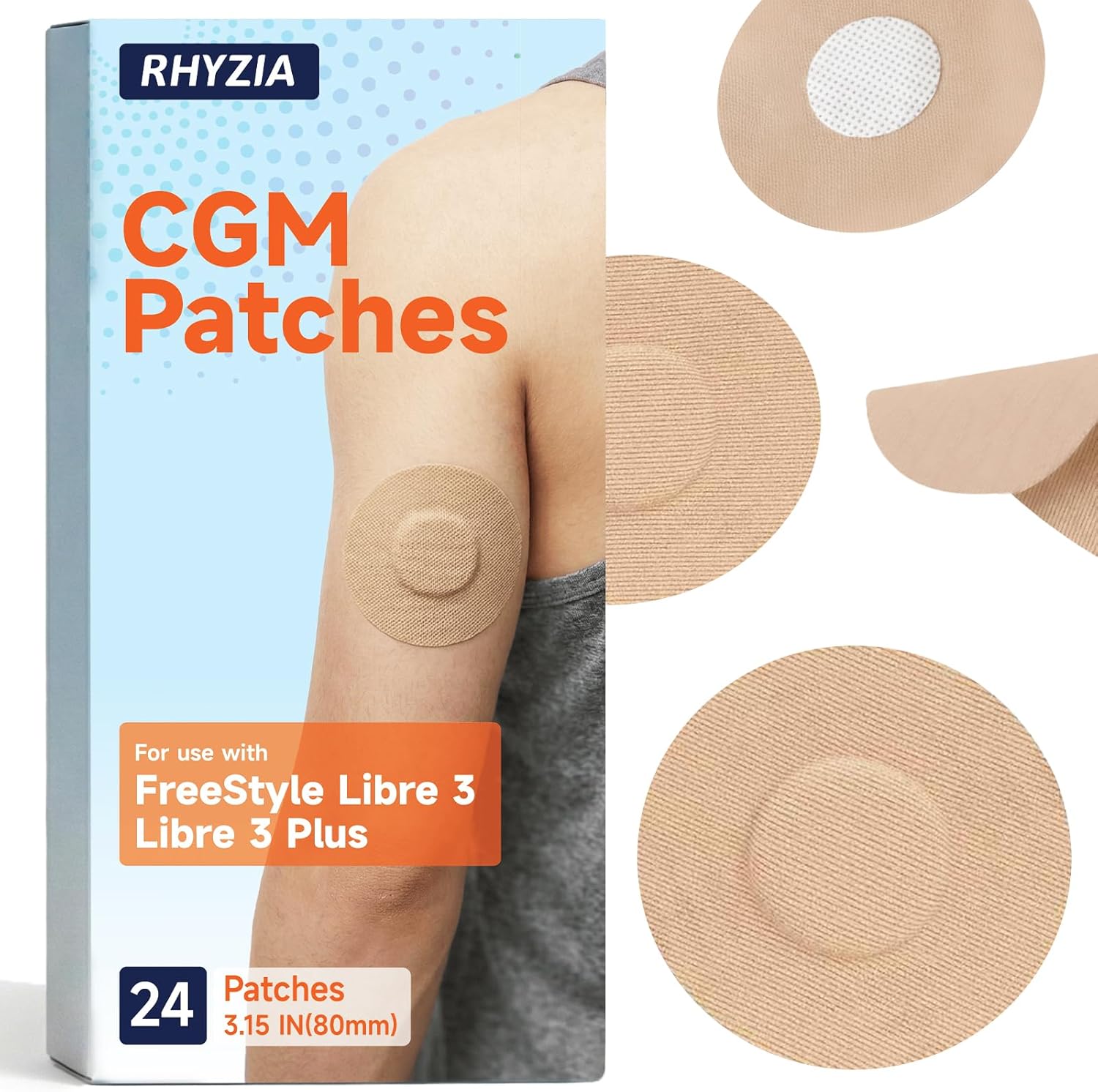 Freestyle Libre 3/Libre 3 Plus Sensor Covers, 24-Pack CGM Adhesive Patches, Up to 7 Days of Wear, Breathable Waterproof Latex-Free, Pre-Cut Backing, Non-Adhesive Center, Low-Profile Fit(Nude)