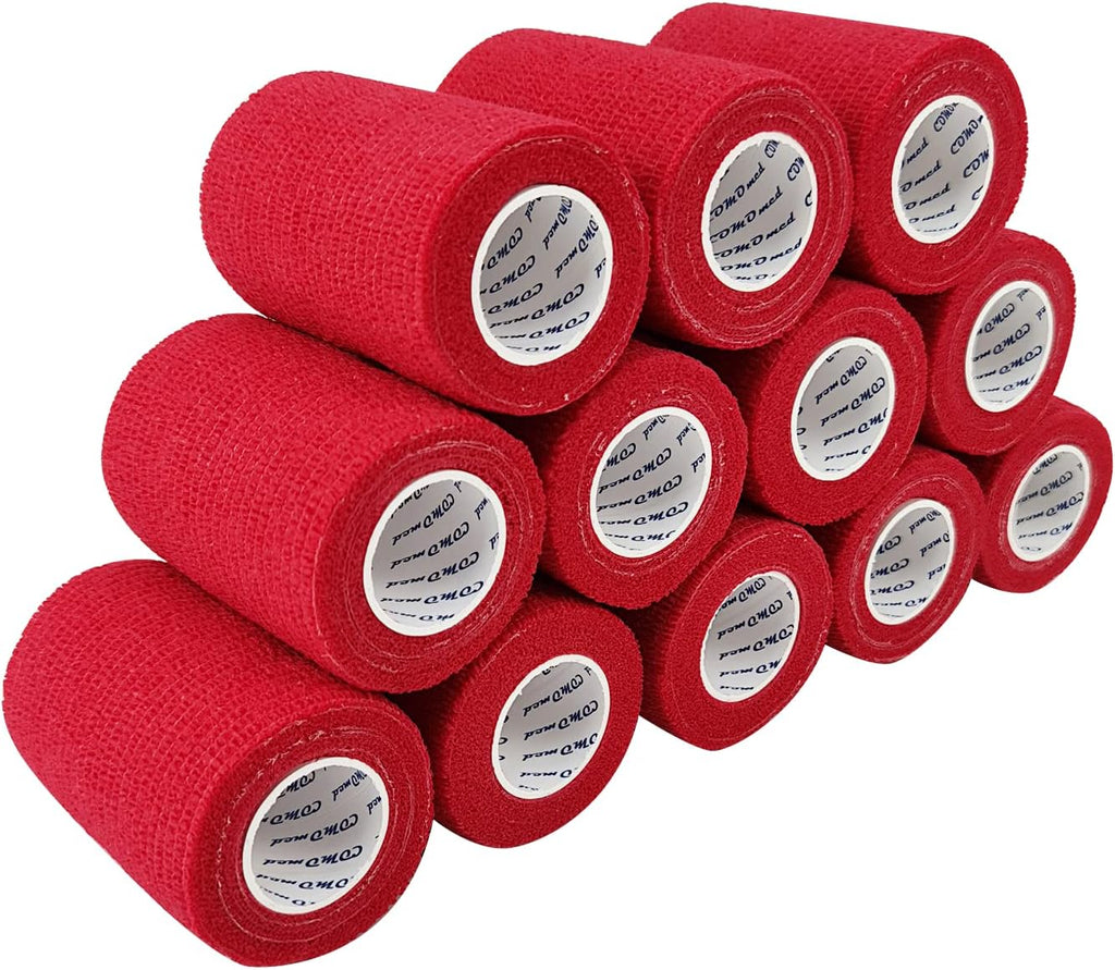 Self Adherent Cohesive Bandage Latex 3"x5 Yards First Aid Bandages Stretch Sport Athletic Wrap Vet Tape for Wrist Ankle Sprain and Swelling,Red(12 Rolls)