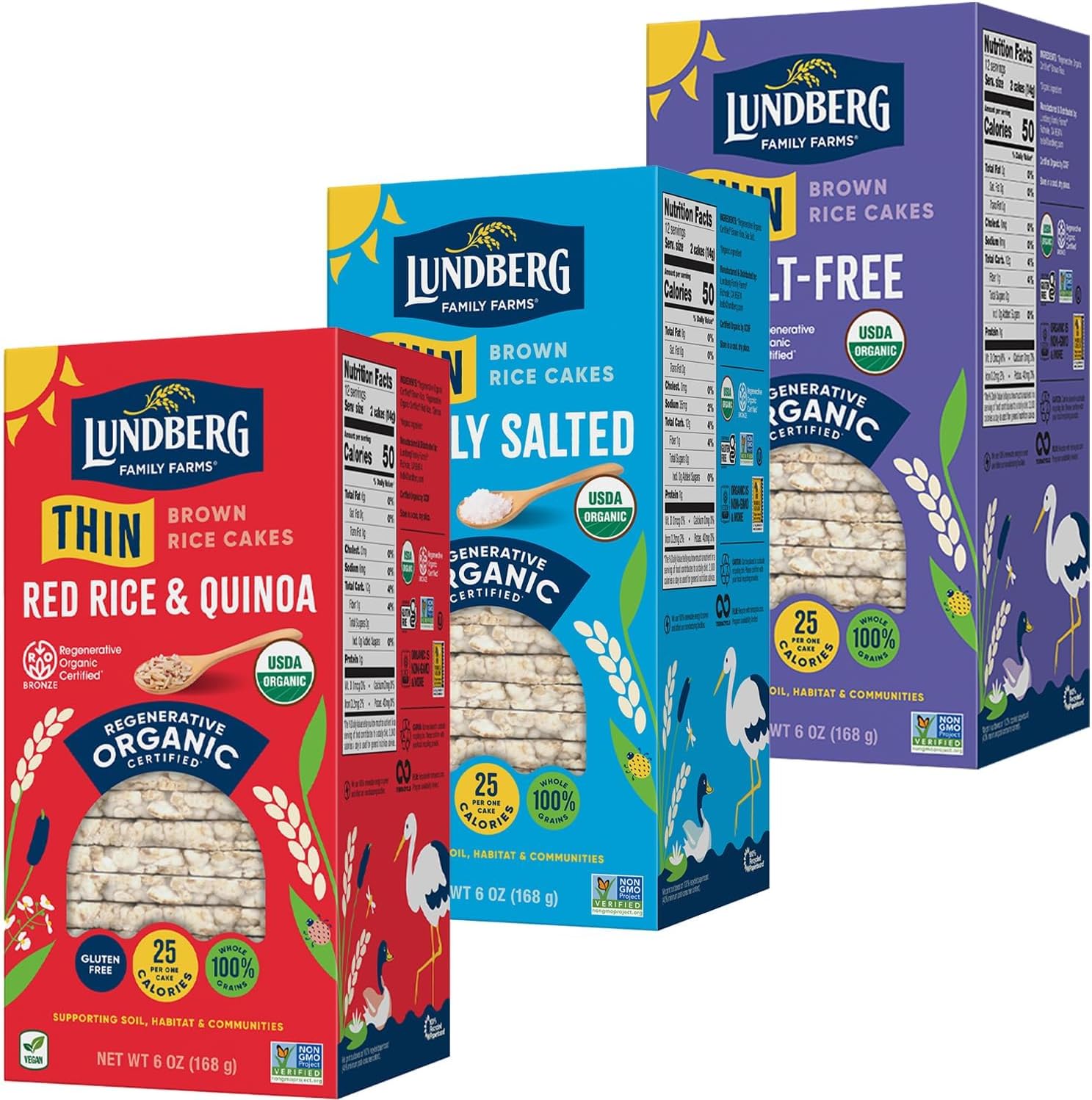 Lundberg Thin Brown Rice Cakes Variety 3-Pack – Regenerative Organic Certified Lightly Salted, Salt-Free, and Red Rice & Quinoa, Healthy Snacks, 6 Oz Ea