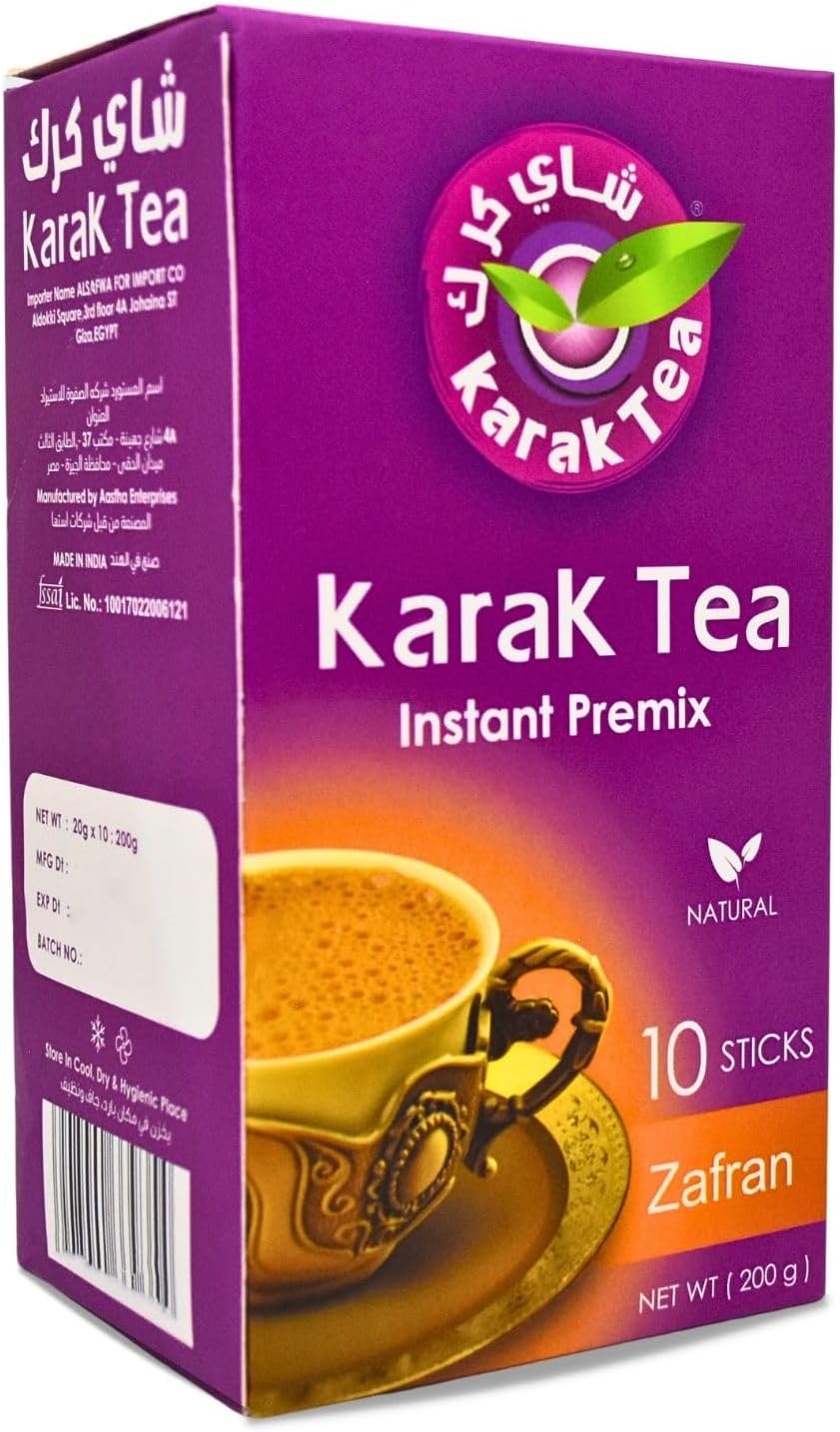 Karak Tea Instant Premix Saffron Zafran Natural Chai Powder Oriental Egyptian Arab Egypt Arabic Kosher Halal (1 Pack = 10 Sachets x 20 gm) شاى كرك بالزعفران سريع التحضير