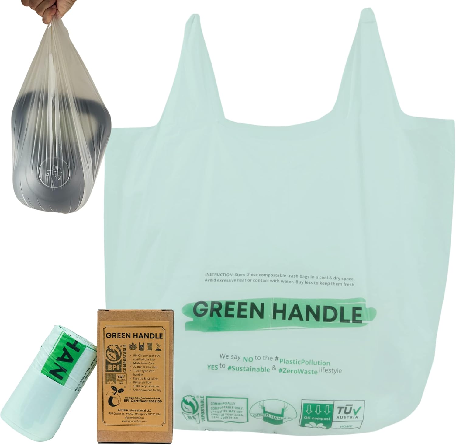 Green Handle US BPI certified 3 Gallon 1.00 Mil = 25 mic Compostable Handle Tie Kitchen Compost Bin Liner Trash Bag | Food Waste Scrap | California SB 1383 ASTM D6400 Europe OK Home Seedling (25)