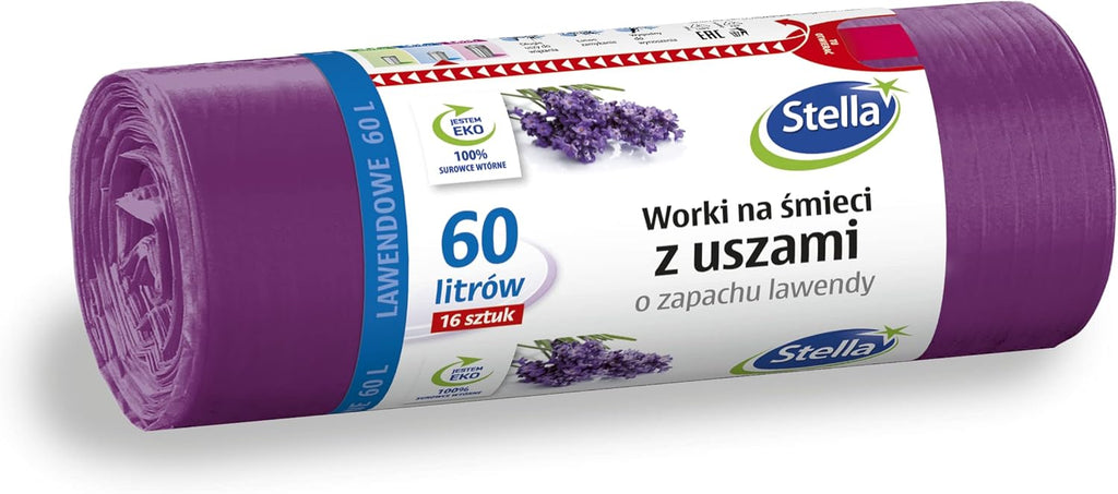 STELLA 023578 Bin Liners with Handles 60 L Strong | Pack of 16 | Lavender Scented | Bin Bags for Household Waste Office Made from LDPE Film Colour: Lavender/Purple