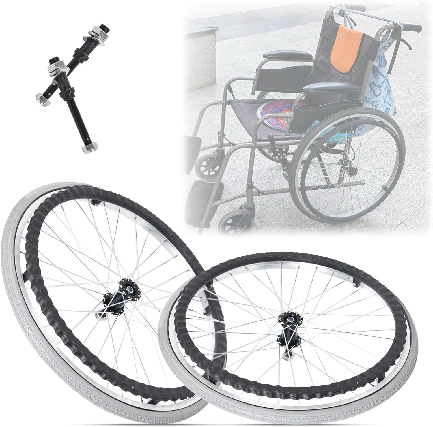 WORDFUN 24" Wheel Replacement Parts for Wheelchairs, Professional Wheelchair Rear Caster, Wheelchair Caster Assembly, Solid Tires, Ball Bearings, for Handicapped Wheelchairs, 2 Pcs