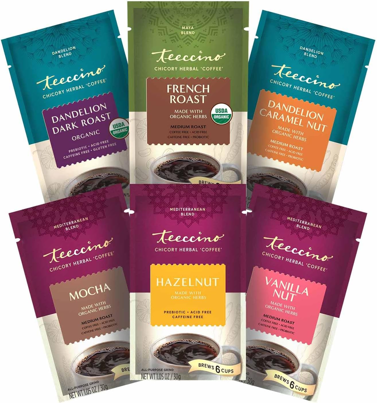 Teeccino Herbal Coffee Sampler - 6 x 30g Trial Size Chicory Coffee Alternatives - French Roast, Vanilla Nut, Hazelnut, Mocha, Maca Chocolate, Java – Prebiotic, Caffeine Free & Acid Free