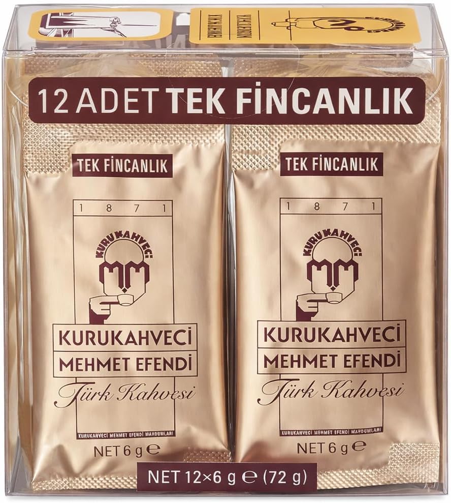 KURUKAHVECI MEHMET EFENDI Turkish Coffee, 100% Arabica, Finely Roasted Ground Coffee for Cezve, Rich Aroma, Medium, Authentic Turkish Coffee Tradition Since 1871, 0.21 OZ / 6 Gr, Pack of 12