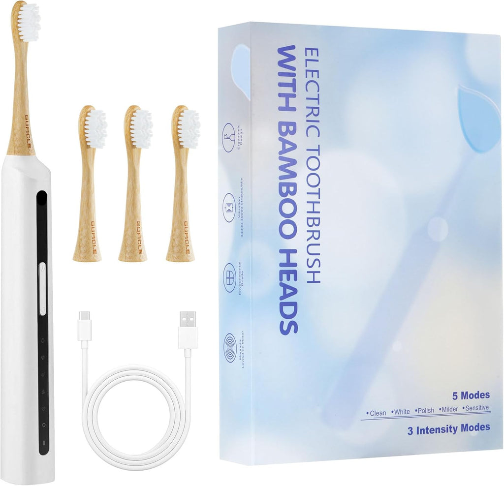 Bamboo Electric Toothbrush丨Rechargeable Electric Toothbrush with 4 Bamboo Heads, Soft Castor Oil Bristles,5 Moedes&3 Intensities, 45 Days Battery Life, IPX7 Waterproof-White