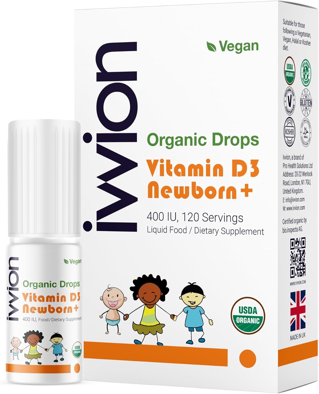 Organic Vegan 400IU, Vitamin D3, 120 Drops – Baby Drop for Infants & Toddlers | USDA Organic, Non-GMO, Plant-Based, No Additives or Preservatives, All Natural, Made in UK