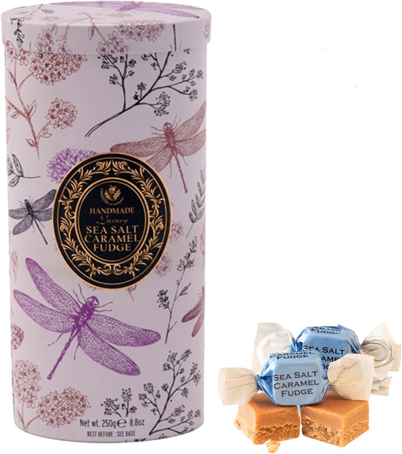 Gardiners of Scotland Handmade Fudge, Dragonfily Tin Sea Salt Caramel Fudge 8.8 Ounce Tall Tin
