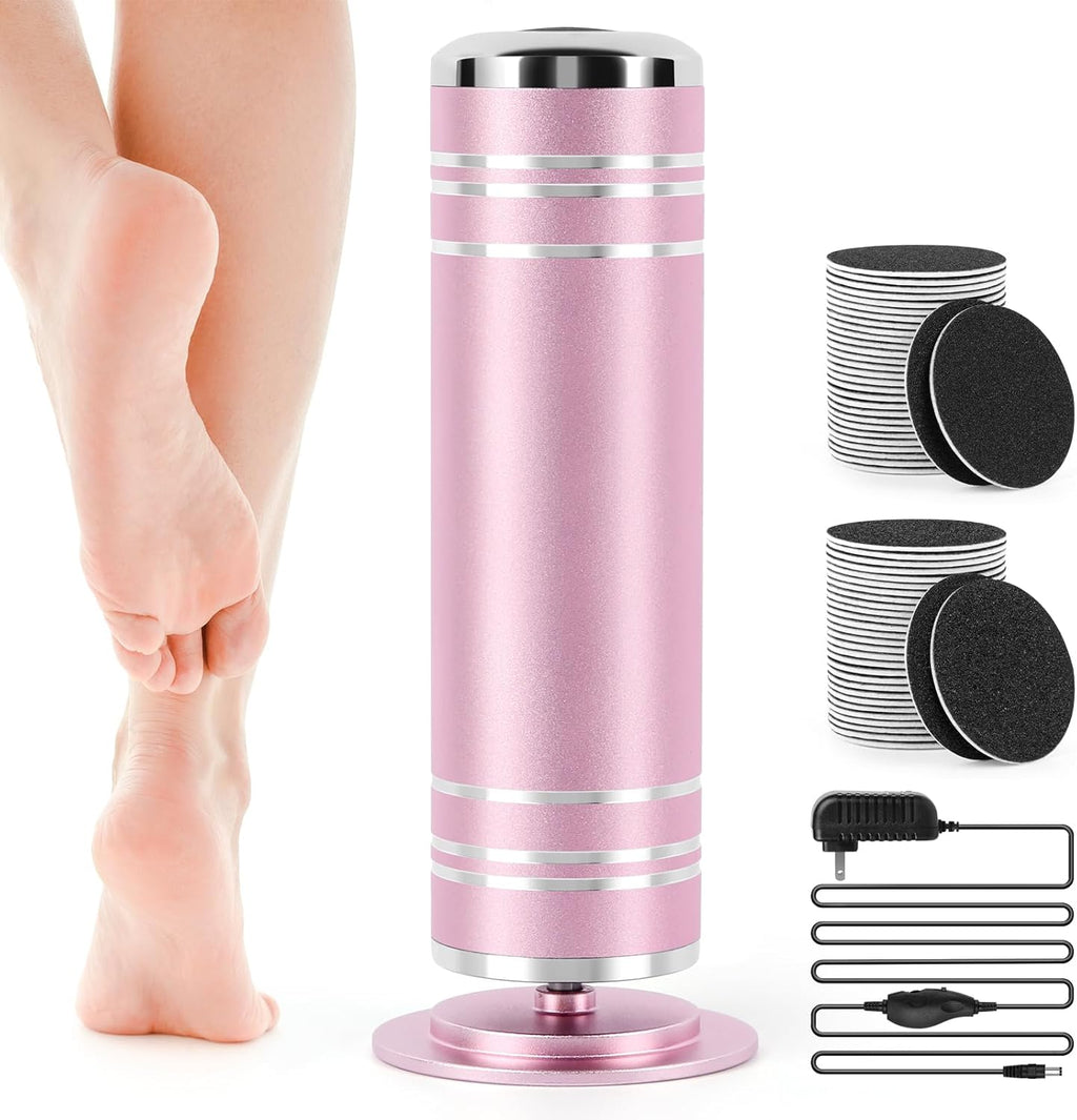 Electric Foot File Callus Remover: Adjustable Speed 1000RPM Feet File Grinder with 60 Pcs Sandpaper Discs - Professional Pedicure Tools for Dead Skin Calluses (Pink)