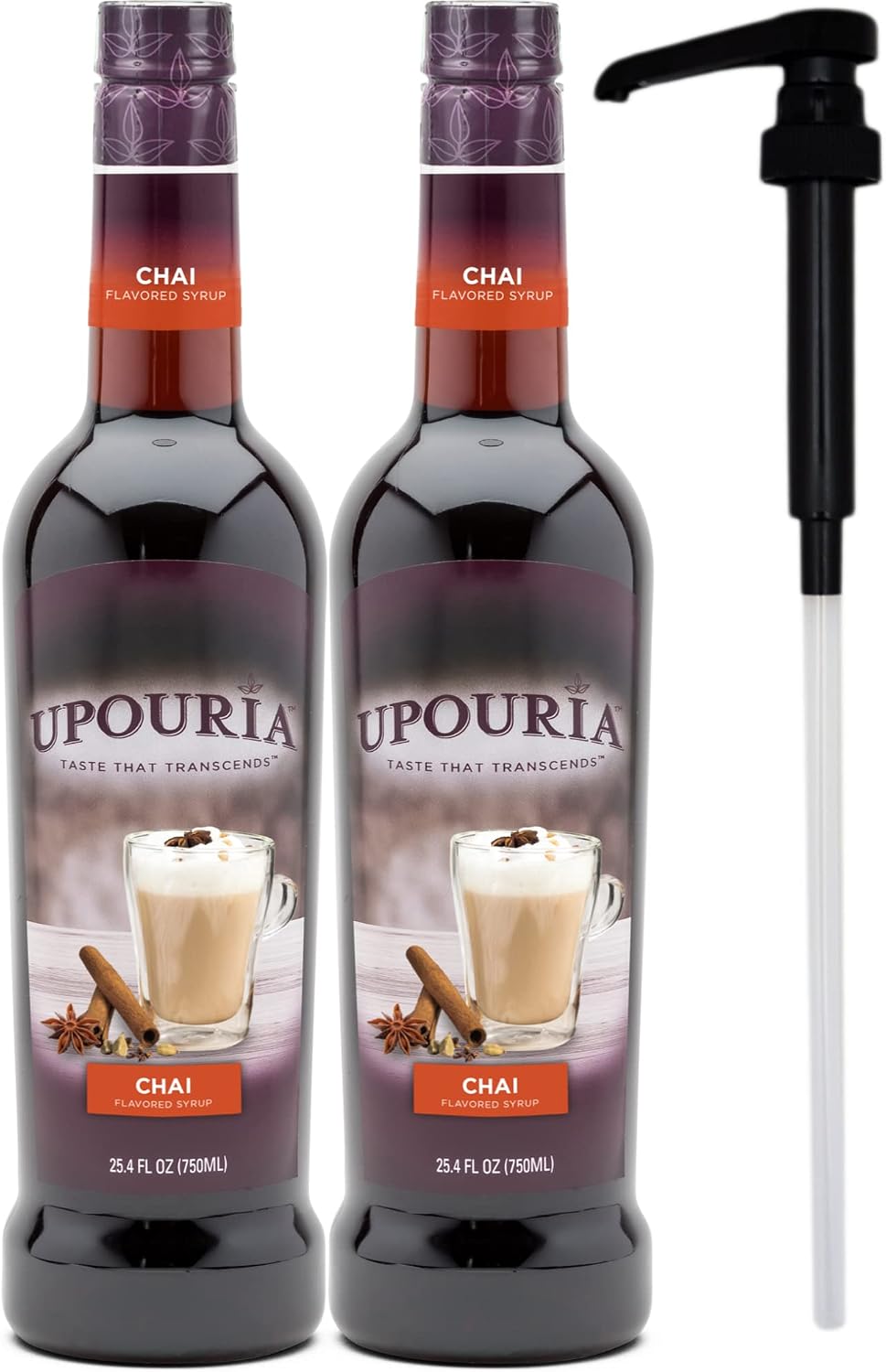 Upouria Chai Syrup Flavoring, 100% Vegan, Gluten-Free, Kosher, 750ml bottle (Pack of 2) with 1 Syrup Pump