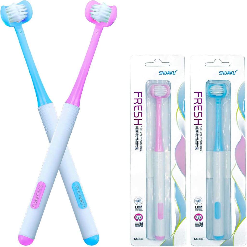 3 Sided Autism Toothbrush 360° Oral Teeth Cleaning Design U-Shaped Toothbrush 2 PCS Adult Soft Bristles Soft and Gentle for Complete Tooth and Gum Care (Blue+Pink)
