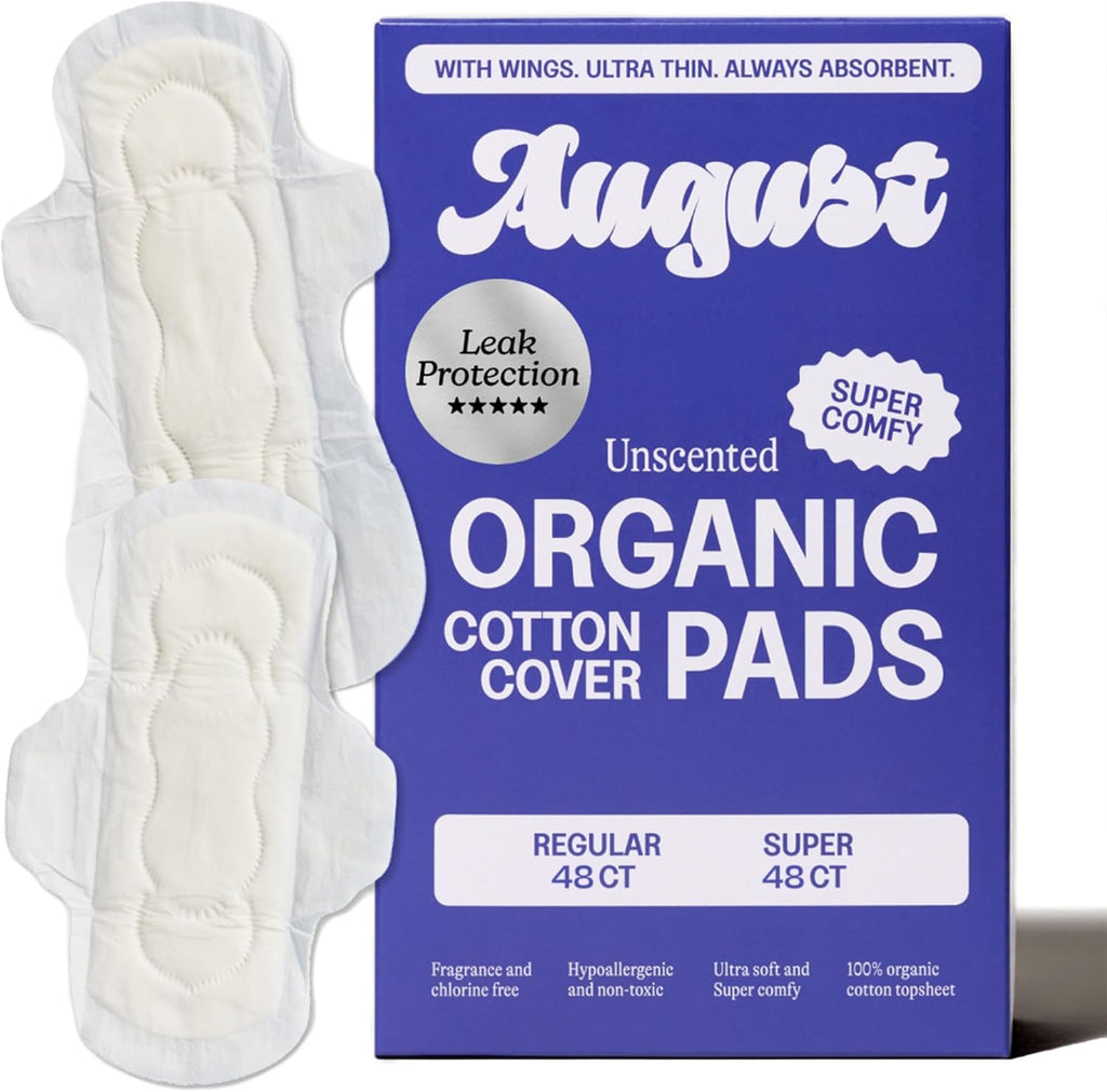 August Menstrual Day & Night Organic Cover Pads, 48-Pack Regular, 48-Pack Super Pads, Compostable Wrappers, Hypoallergenic Organic Cover Sanitary Napkins for Anyone Who Menstruates (6 Boxes of 16)