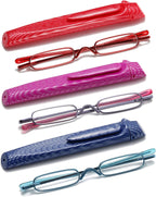 Pocket Reading Glasses with Pen Clip Case - Slim Mini Compact Readers Portable Spring Hinge Eyeglasses (Red, Purple, Blue, +2.50)