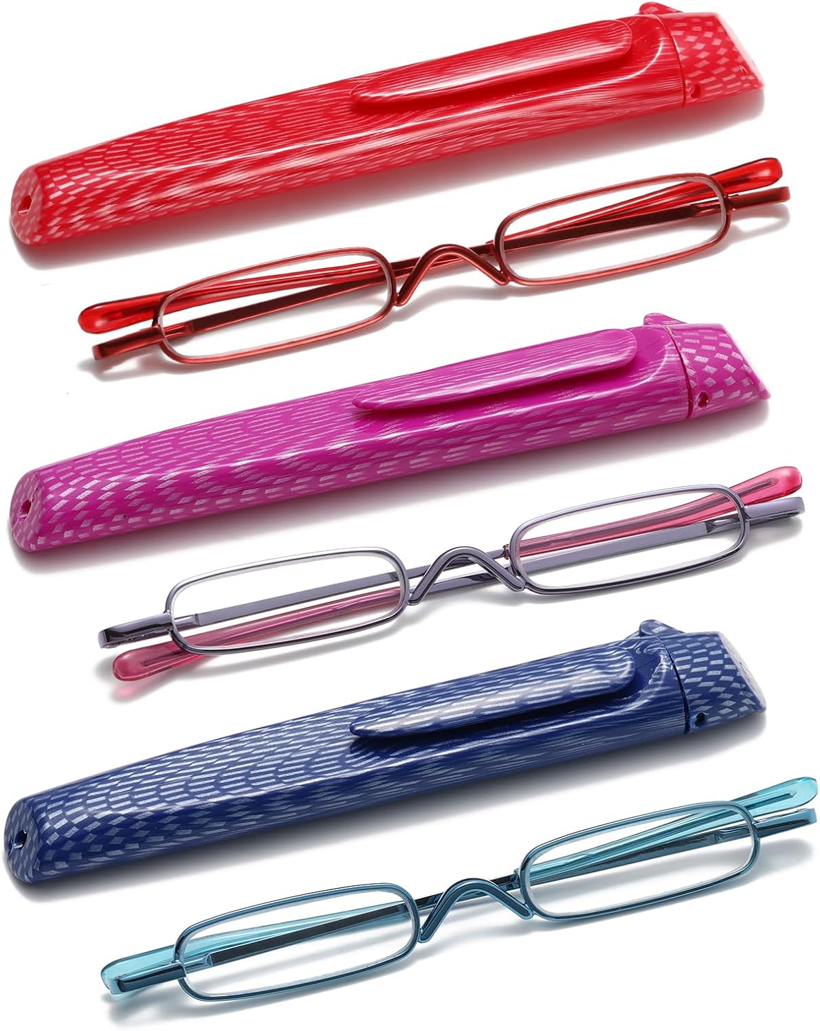 Pocket Reading Glasses with Pen Clip Case - Slim Mini Compact Readers Portable Spring Hinge Eyeglasses (Red, Purple, Blue, +2.50)