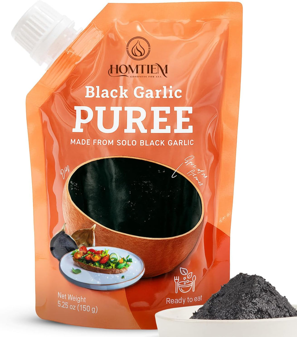Homtiem Black Garlic Puree 150g. (Made from Solo Black Garlic 100%), Whole Black Garlic Fermented for 90 Days, Non-GMOs, High in Antioxidants, Ready to Eat for Snack Healthy, Healthy Recipes.