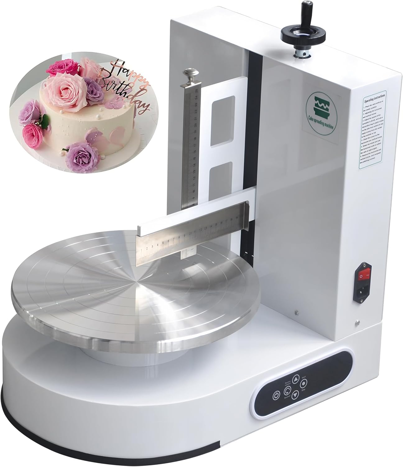 Semi Automatic Birthday Cake Smoothing Coating Machine, AC110V 6-14in Cake Cream Spreading Machine, Cakes Decorating Cream Coating Machines Turntable with Graduated Scraper, Baking Supplies (White)