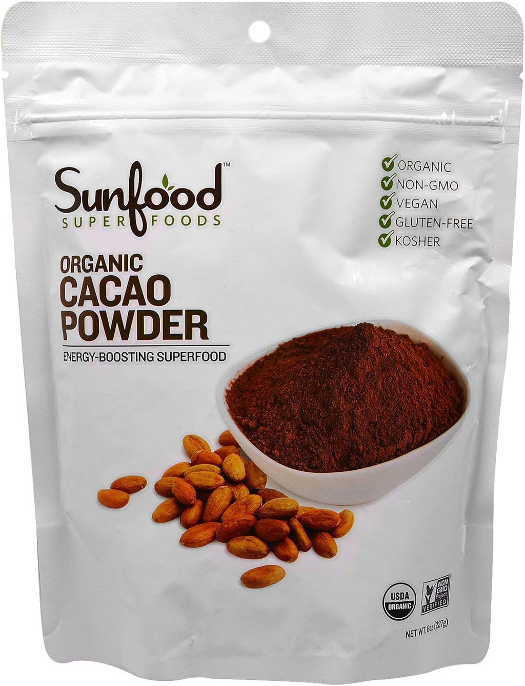 Sunfood Superfoods Cacao Powder Organic - Pure Raw Chocolate Powder for Baking, Rich & Unsweetened, Certified USDA Organic, Non-GMO, Vegan, Gluten Free, Earth Kosher - 8 oz Bag