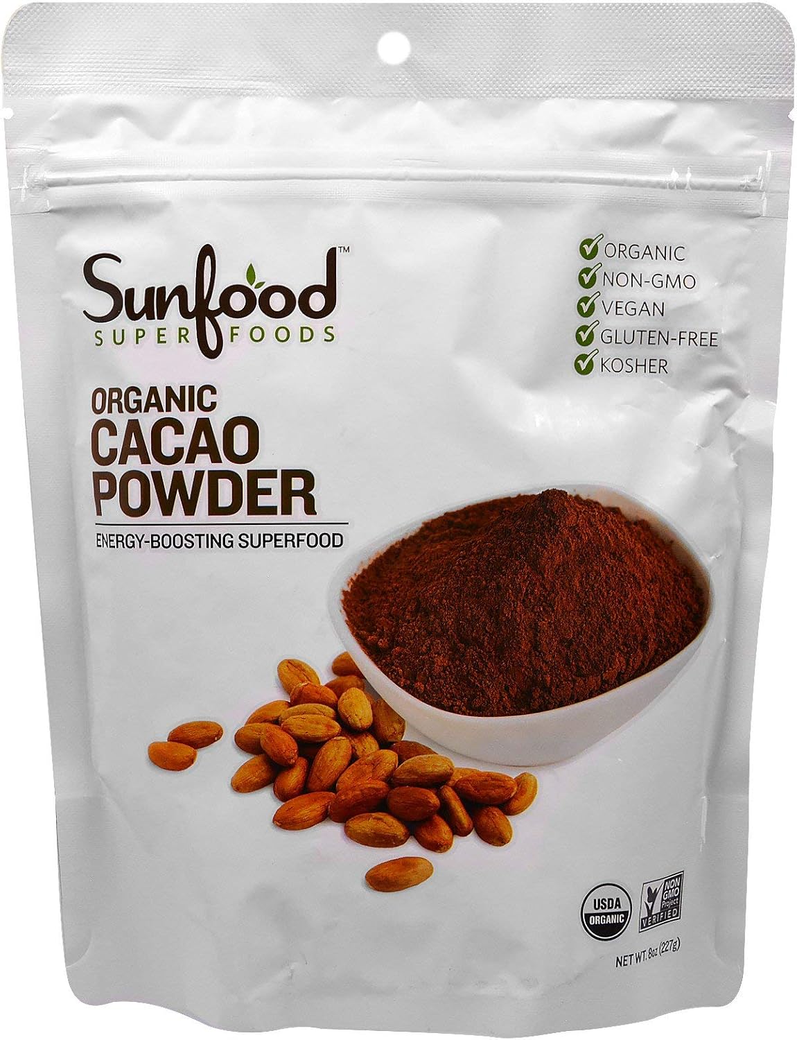 Sunfood Superfoods Cacao Powder Organic - Pure Raw Chocolate Powder for Baking, Rich & Unsweetened, Certified USDA Organic, Non-GMO, Vegan, Gluten Free, Earth Kosher - 8 oz Bag