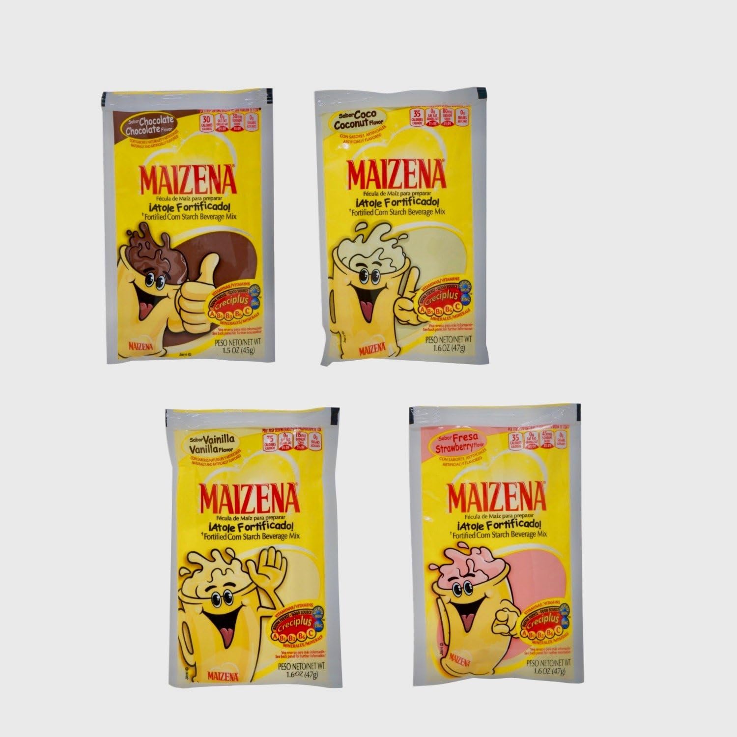 Maizena Fortified Corn Starch in Strawberry, Vanilla, Chocolate, and Coconut Flavors For Cooking, Baking, Beverage Mix (Atole), Pack of 4 Bags, 1.06 oz Each