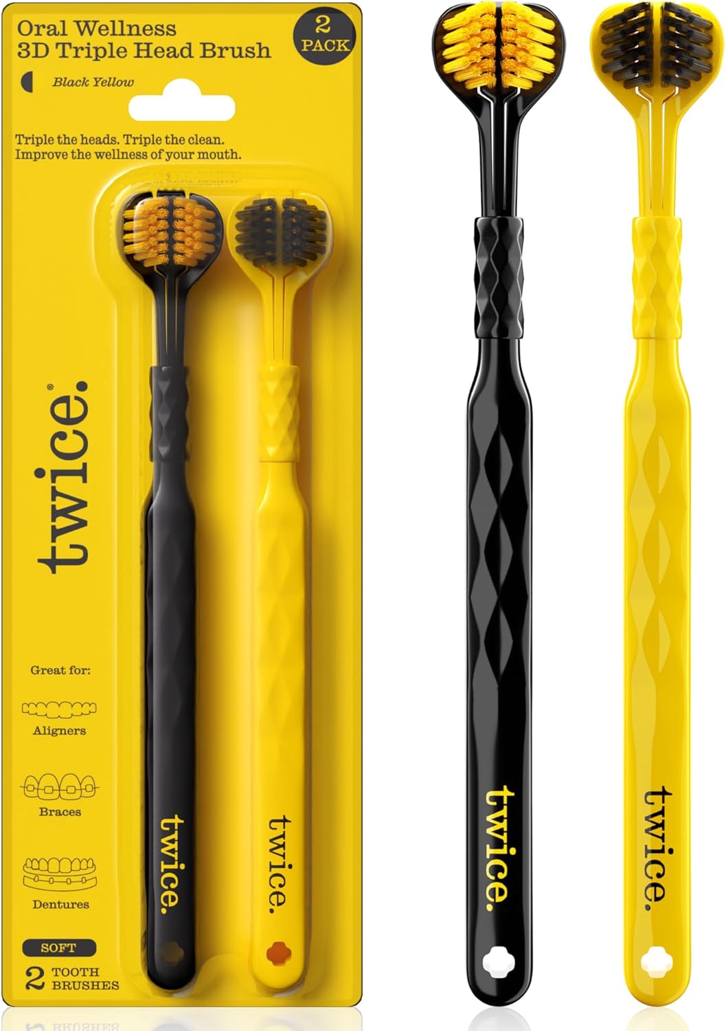 TWICE 3D Triple-Head Toothbrush – Soft Bristles for Sensitive Gums with Advanced 3-Sided Design to Effectively Remove Plaque, Also Suitable for Braces, Aligners & Dentures, 2 Count