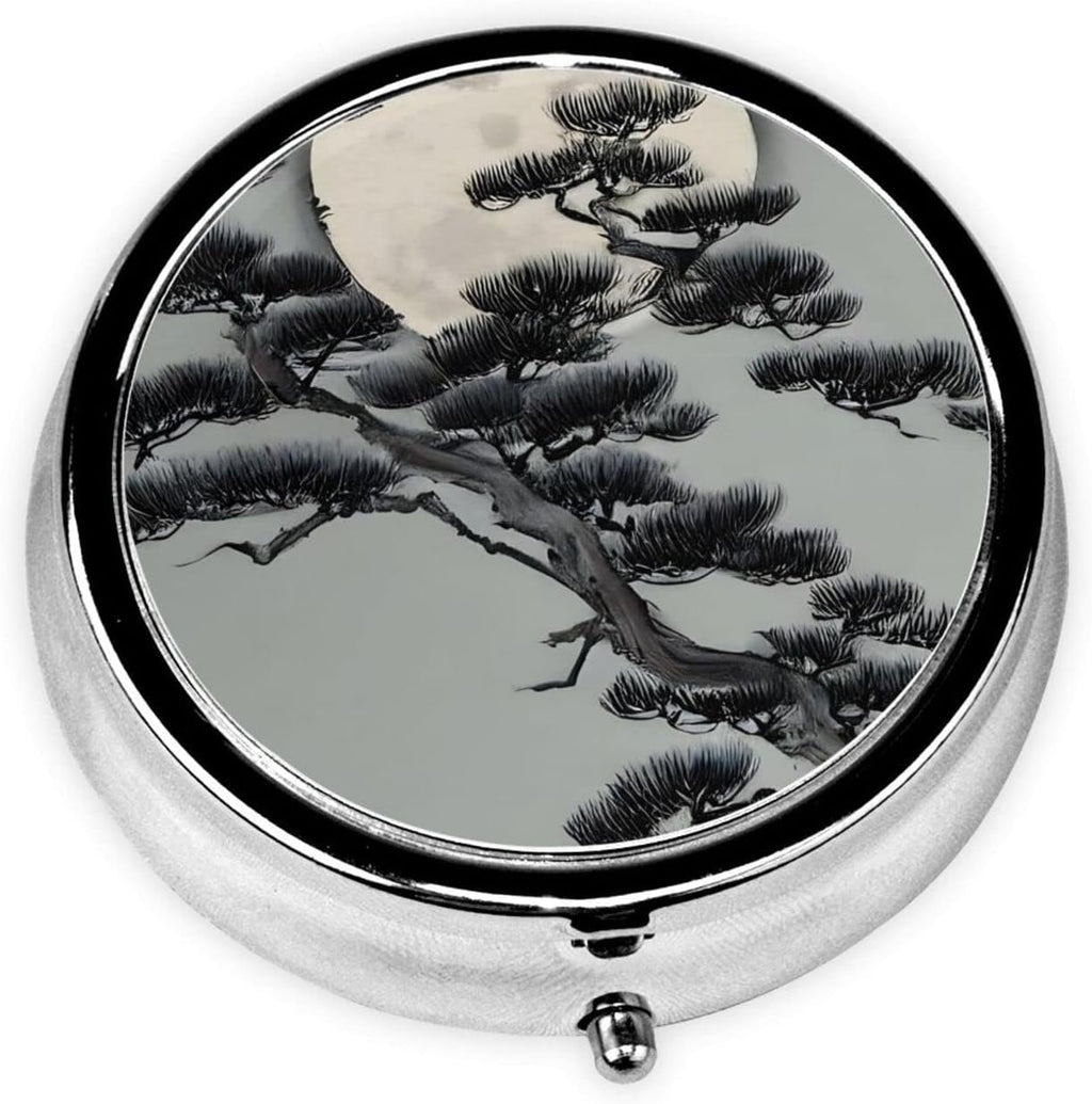 Pine Tree Under The Moonround Pill Box, 3 Compartment Round Pill Box Organizer, ^&Portable Travel Pill Box for Traveling.