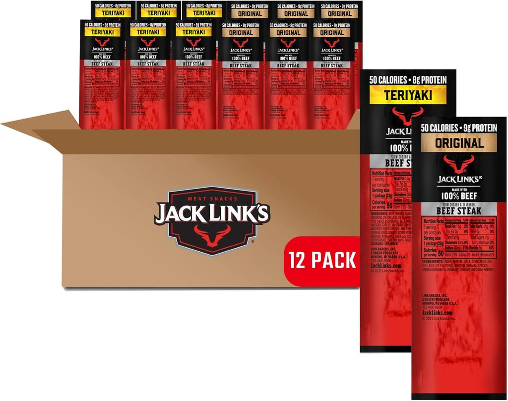 Jack Link's Beef Steaks - Original & Teriyaki - Ready to Eat Real Meat Protein Snacks - 8-9g Protein per Serving - Made with 100% Real Beef - (12 Pack) 0.8 oz Meat Snacks