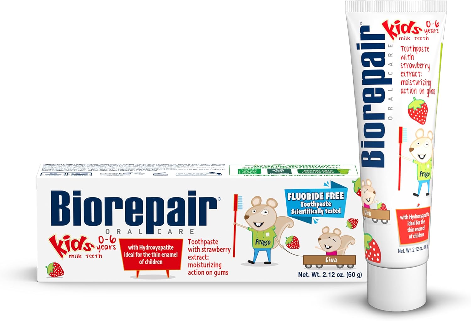 BIOREPAIR Kids- Kids and Baby Toothpaste with Hydroxyapatite, Gentle Cleansing & Enamel Protection, Strawberry Fluoride Free Toothpaste, Moisturizing Action on Gums, 0-6 Years, 2.12 Oz, Made in Italy