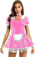 YiZYiF Sexy Lingerie for Women PVC Leather Lingerie Set Crop Top Mini Skirt French Maid Dress