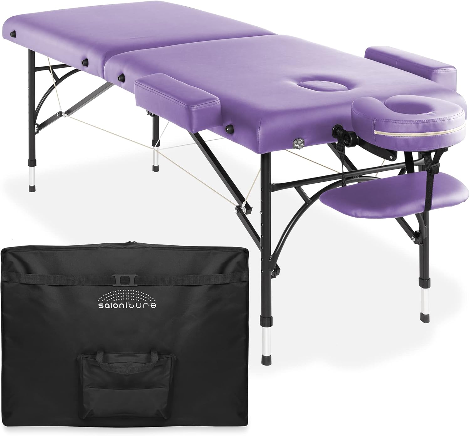Saloniture Professional Portable Lightweight Bi-Fold Massage Table with Aluminum Legs - Includes Headrest, Face Cradle, Armrests and Carrying Case - Lavender