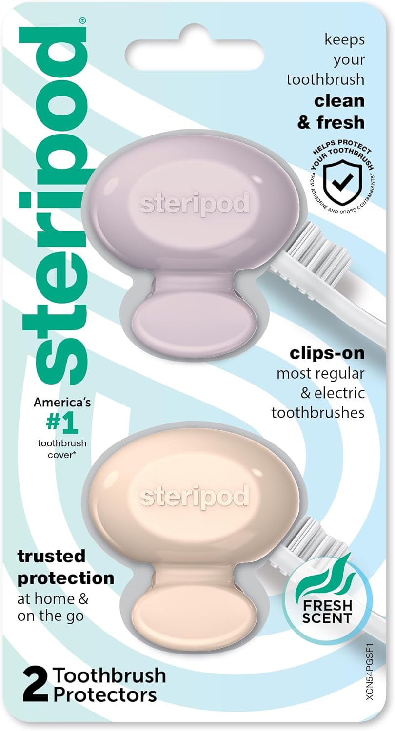 Steripod Clip-On Toothbrush Protector, Keeps Fresh and Clean, Fits Most Manual and Electric Toothbrushes, Pink and Blue, 2 Count (Pack of 1)