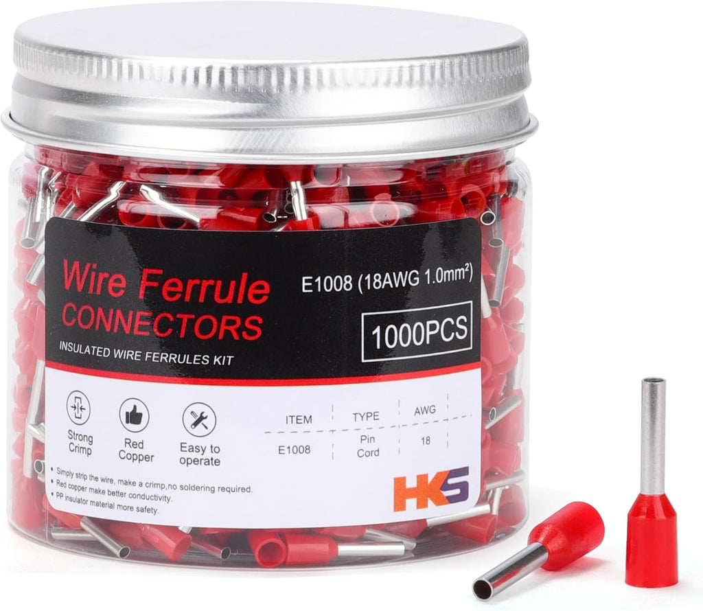 HKS 1000PCS Wire Ferrule Connectors - AWG 18-1.0mm² Copper Barrel Pin Cord Ends Insulated Ferrules Terminals - E1008 Red