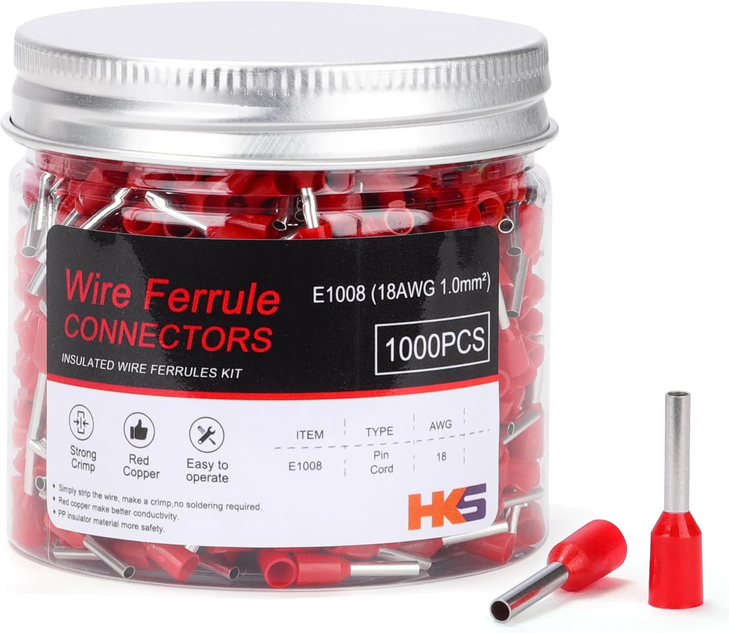 HKS 1000PCS Wire Ferrule Connectors - AWG 18-1.0mm² Copper Barrel Pin Cord Ends Insulated Ferrules Terminals - E1008 Red