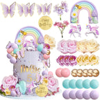 38pcs Unicorn Cake Toppers Rainbow Cake Decorations, Flower Birthday Decor with Butterflies and Mini Balls for Boys and Girls Unicorn Theme Party Supplies