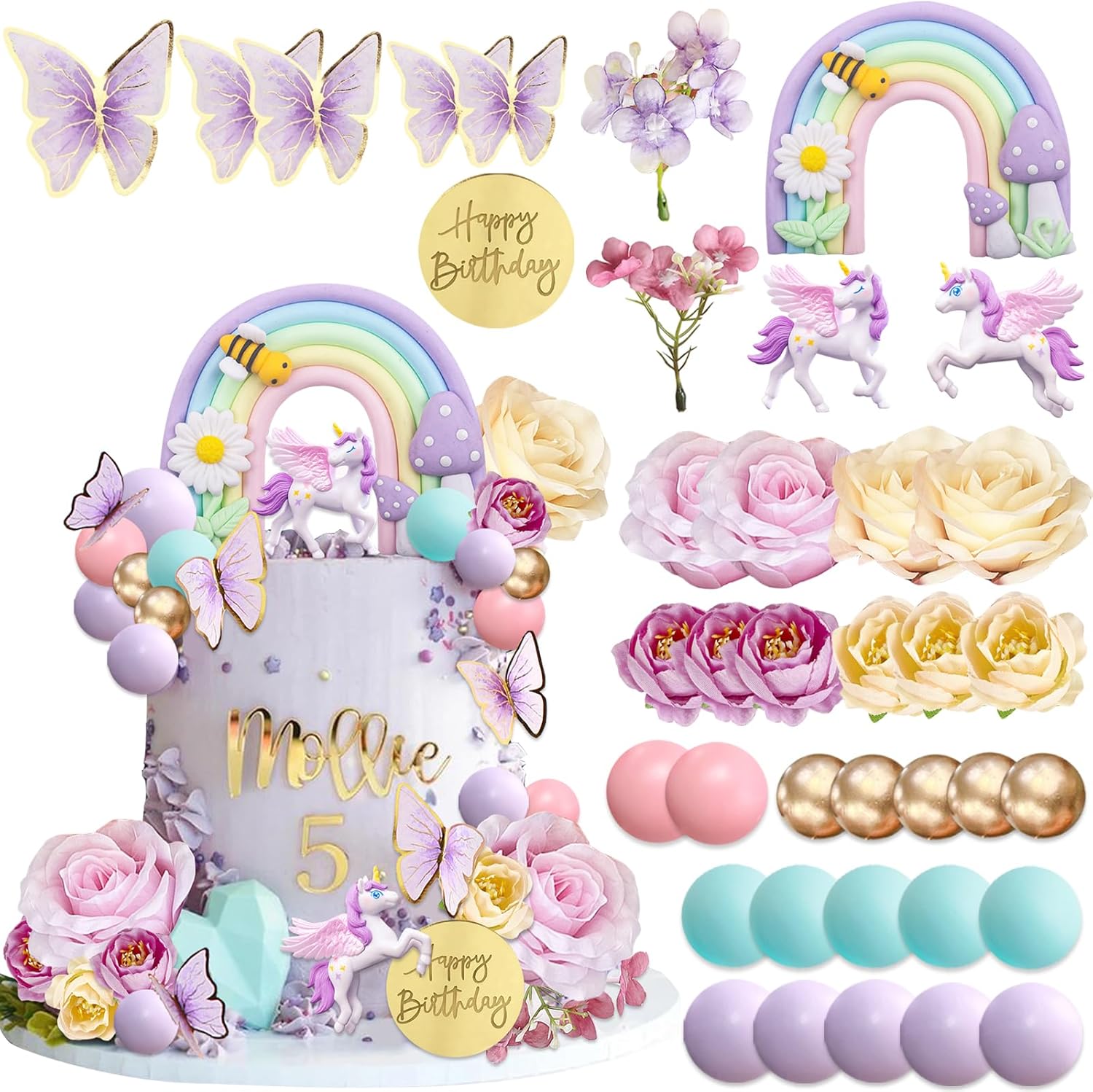 38pcs Unicorn Cake Toppers Rainbow Cake Decorations, Flower Birthday Decor with Butterflies and Mini Balls for Boys and Girls Unicorn Theme Party Supplies
