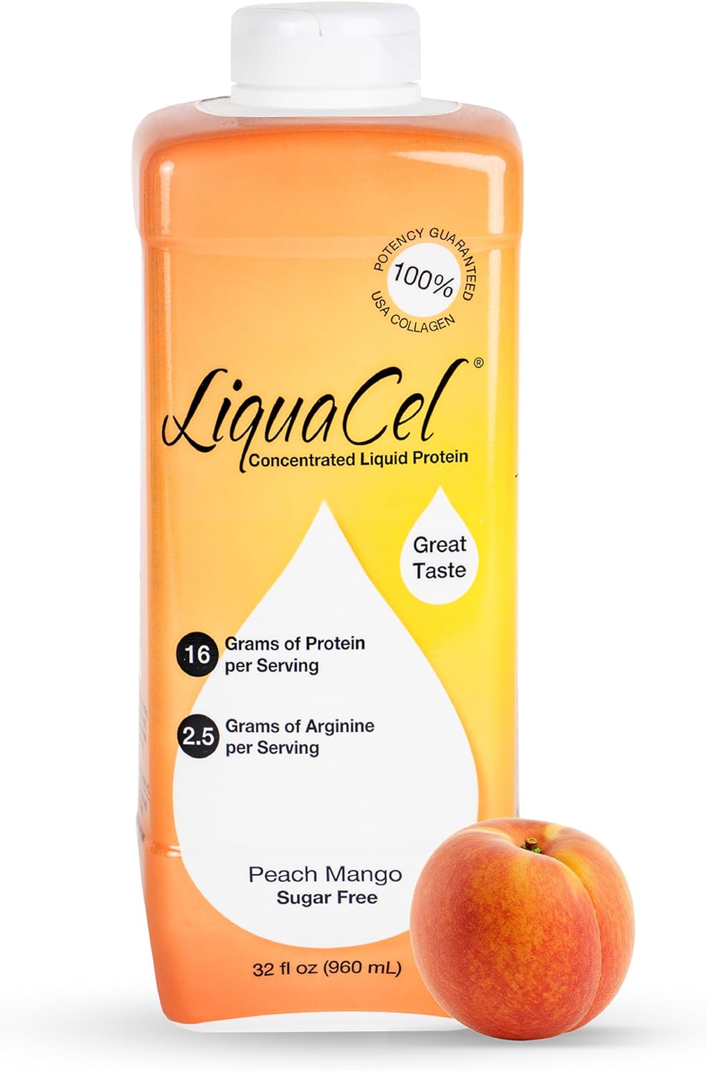 LiquaCel Concentrated Liquid Protein, Peach Mango Flavor, Ready-to-Drink, 16g Hydrolyzed Collagen Protein and 2.5g Arginine Per 1oz Serving, Sugar & Gluten Free, 32 fl oz Bottle